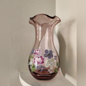 Fenton Teleflora Ruffled Amethyst Handpainted Vase With Sticker
